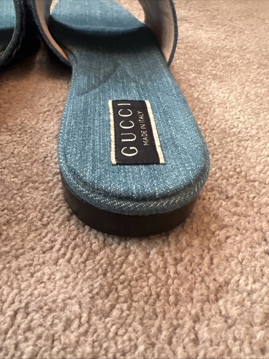 Gucci Denim Logo Slide Sandals in Light Blue and Navy - Picture 15 of 16